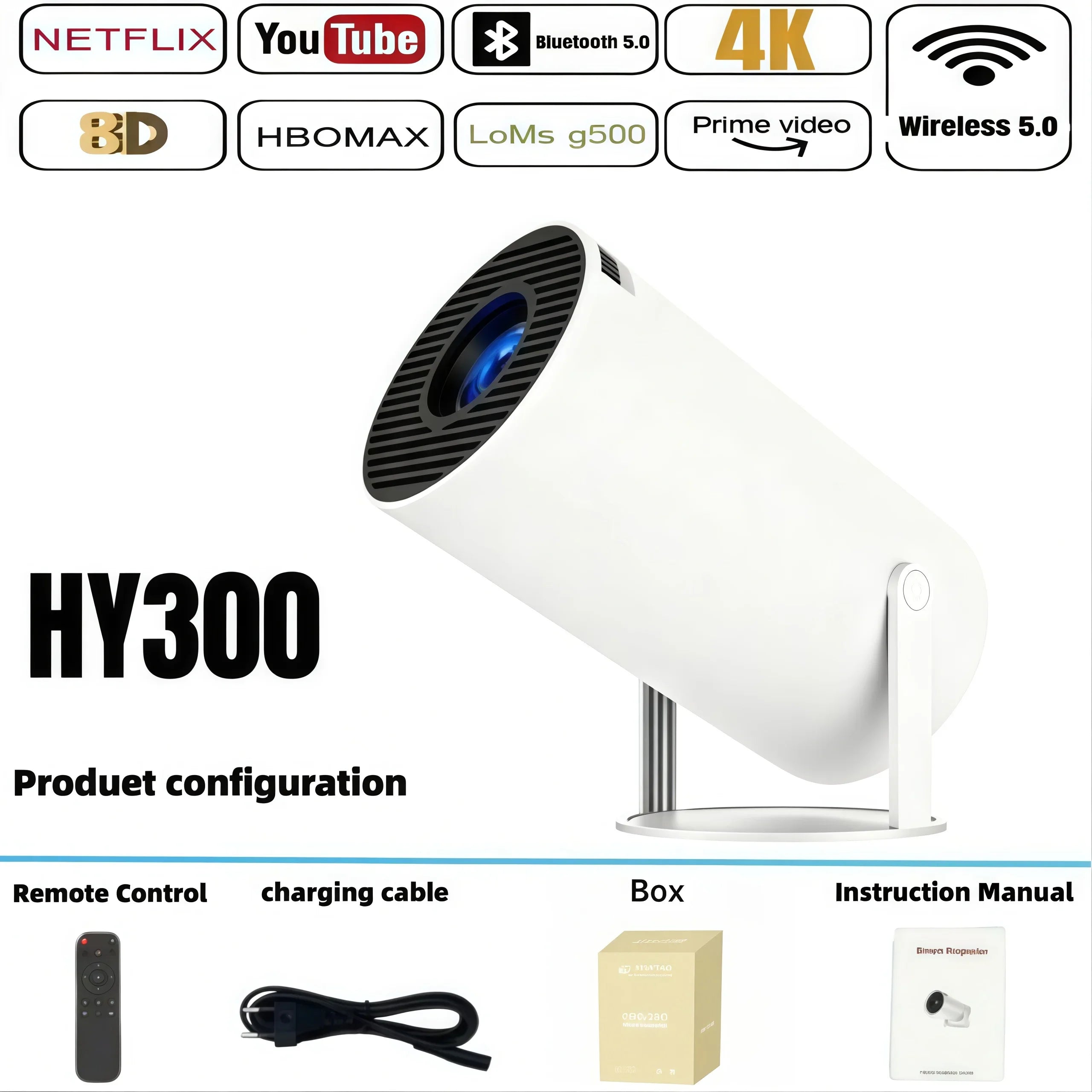 2026 New HY300 Projector with WiFi6 & BT5.0, Portable Beamer 1080P/4K Support Auto Keystone Smart Android Proyector ﻿