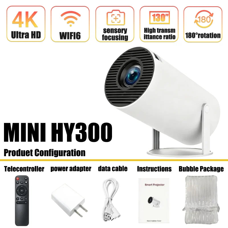 2026 New HY300 Projector with WiFi6 & BT5.0, Portable Beamer 1080P/4K Support Auto Keystone Smart Android Proyector ﻿
