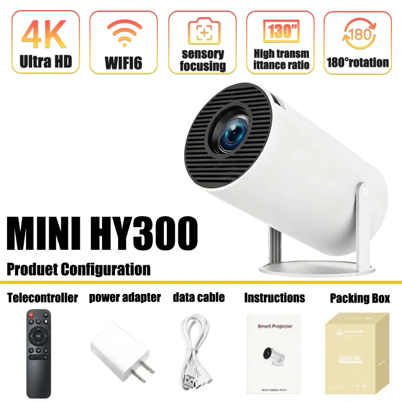 2026 New HY300 Projector with WiFi6 & BT5.0, Portable Beamer 1080P/4K Support Auto Keystone Smart Android Proyector ﻿