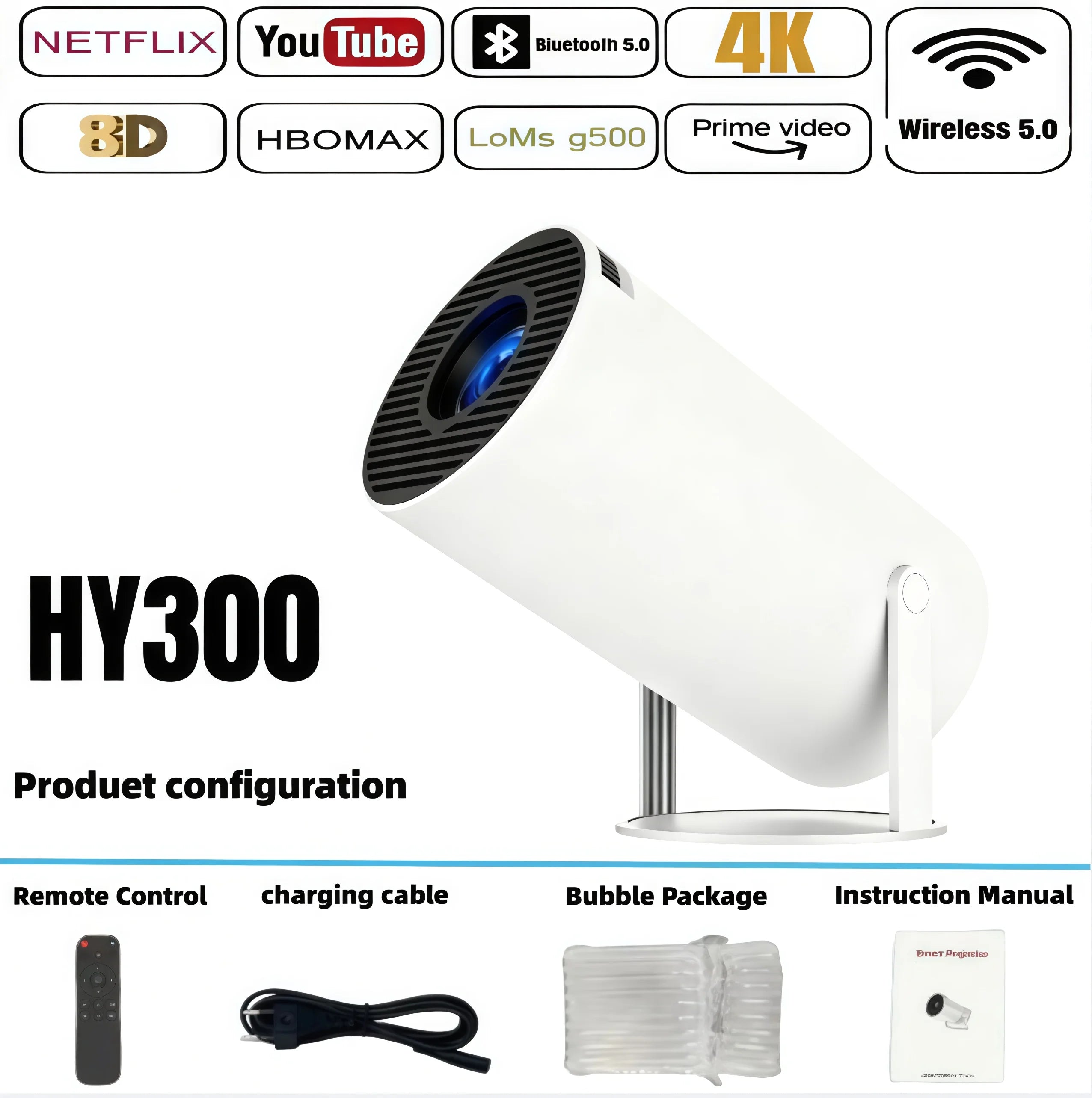 2026 New HY300 Projector with WiFi6 & BT5.0, Portable Beamer 1080P/4K Support Auto Keystone Smart Android Proyector ﻿